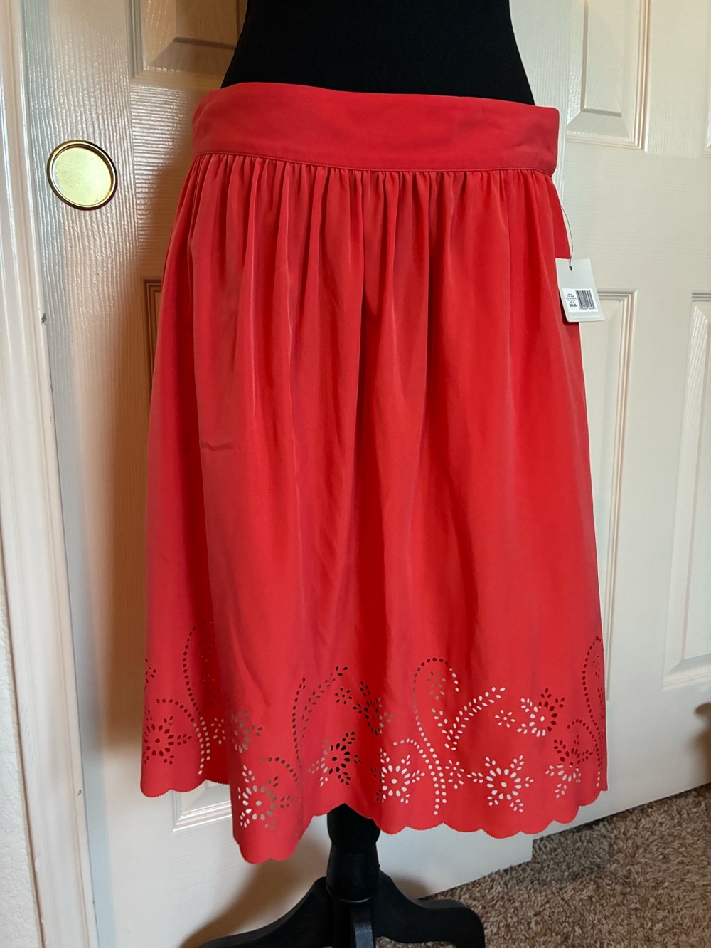 Madison Coral-Red Laser Cut Midi Skirt